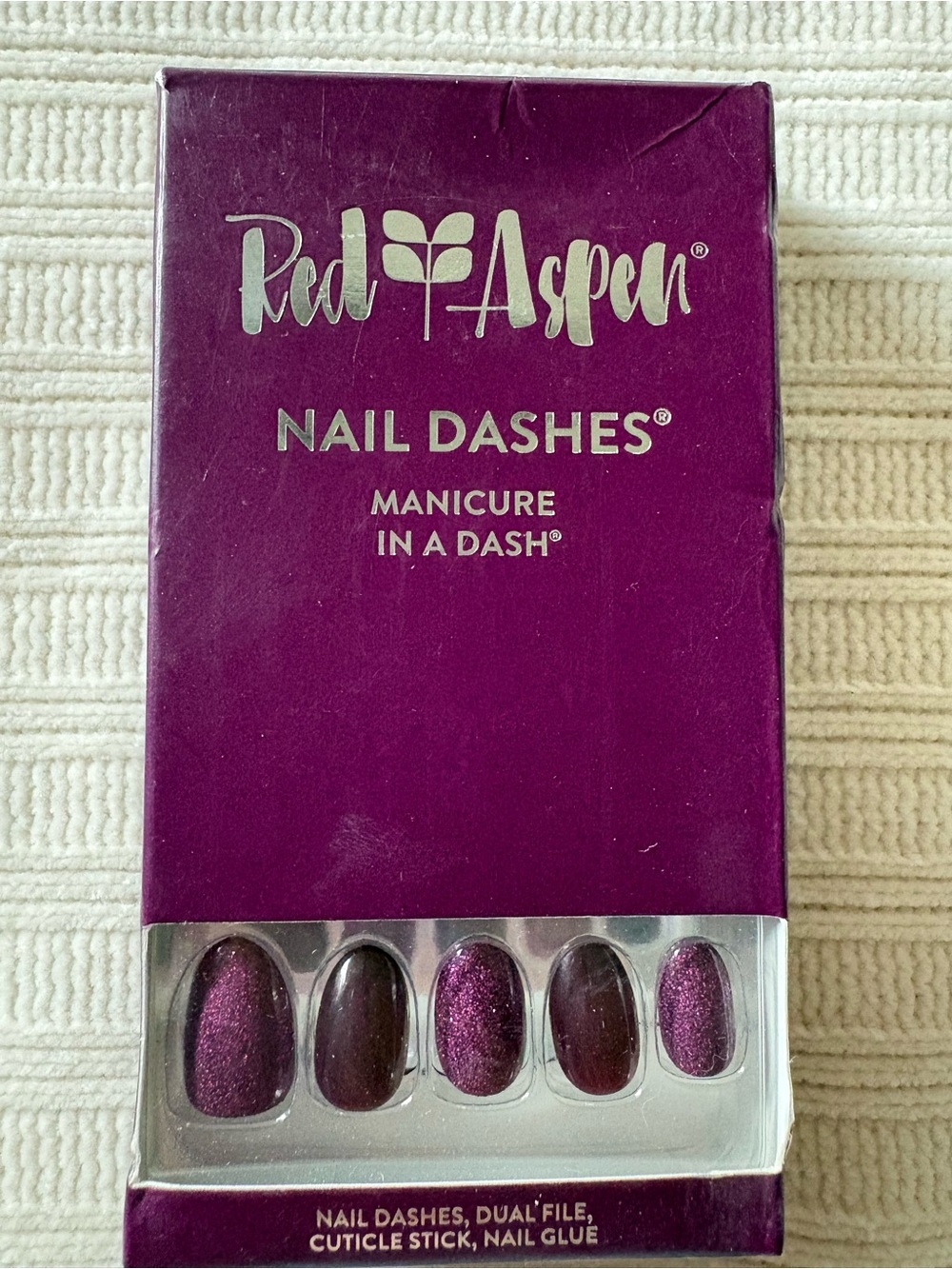 Red Aspen Nail Dashes Press On Nails in Deep Purple cardigan Season Carla